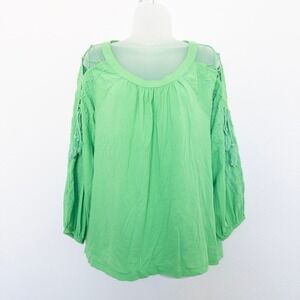 Crown & Ivy Womens Top Size 2X Green Boho Chic Peasant Tassel Embroidered Casual